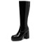 Square Toe Chunky Heels Low Platforms Knee Highs Zipper  Booties - Black Patent