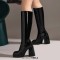 Square Toe Chunky Heels Low Platforms Knee Highs Zipper  Booties - Black Patent