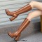 Square Toe Chunky Heels Low Platforms Knee Highs Zipper  Booties - Brown Patent