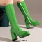 Square Toe Chunky Heels Low Platforms Knee Highs Zipper  Booties - Green Patent