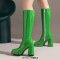 Square Toe Chunky Heels Low Platforms Knee Highs Zipper  Booties - Green Patent