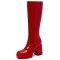 Square Toe Chunky Heels Low Platforms Knee Highs Zipper  Booties - Red Patent
