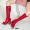 Square Toe Chunky Heels Low Platforms Knee Highs Zipper  Booties - Red Patent