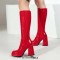 Square Toe Chunky Heels Low Platforms Knee Highs Zipper  Booties - Red Patent