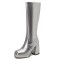 Square Toe Chunky Heels Low Platforms Knee Highs Zipper  Booties - Silver Patent
