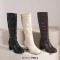 Square Toe Chunky Heels Low Knee Highs Zipper Matte Color Booties - White Faux Leather