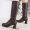 Square Toe Chunky Heels Low Knee Highs Zipper Matte Color Booties - Brown Faux Leather