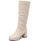 Square Toe Chunky Heels Low Knee Highs Zipper Matte Color Booties - White Faux Leather
