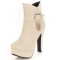Round Toe Cuban Heels Low Platforms Ankle Highs Ankle Buckle Heart Straps Booties - Beige Faux Leather