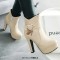 Round Toe Cuban Heels Low Platforms Ankle Highs Ankle Buckle Heart Straps Booties - Beige Faux Leather