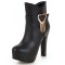 Round Toe Cuban Heels Low Platforms Ankle Highs Ankle Buckle Heart Straps Booties - Black Faux Leather