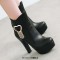 Round Toe Cuban Heels Low Platforms Ankle Highs Ankle Buckle Heart Straps Booties - Black Faux Leather