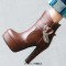 Round Toe Cuban Heels Low Platforms Ankle Highs Ankle Buckle Heart Straps Booties - Brown Faux Leather