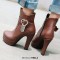 Round Toe Cuban Heels Low Platforms Ankle Highs Ankle Buckle Heart Straps Booties - Brown Faux Leather