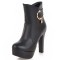 Round Toe Cuban Heels Low Platforms Ankle Highs  Rhinestones Booties - Black Faux Leather