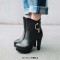 Round Toe Cuban Heels Low Platforms Ankle Highs  Rhinestones Booties - Black Faux Leather