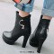 Round Toe Cuban Heels Low Platforms Ankle Highs  Rhinestones Booties - Black Faux Leather
