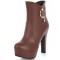 Round Toe Cuban Heels Low Platforms Ankle Highs  Rhinestones Booties - Brown Faux Leather