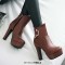 Round Toe Cuban Heels Low Platforms Ankle Highs  Rhinestones Booties - Brown Faux Leather