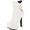Round Toe Cuban Heels Low Platforms Ankle Highs  Rhinestones Booties - White Faux Leather