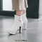 Round Toe Cuban Heels Low Platforms Ankle Highs  Rhinestones Booties - White Faux Leather