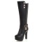 Round Toe Cuban Heels Low Platforms Knee Highs Zipper  Booties - Black Faux Leather