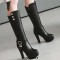 Round Toe Cuban Heels Low Platforms Knee Highs Zipper  Booties - Black Faux Leather