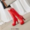 Round Toe Cuban Heels Low Platforms Knee Highs Zipper  Booties - Red Faux Leather