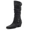 Pointed Toe Knee Highs Buckle Straps Western Cowboy Style Chunky Heels Pull On Boots - Black Flock