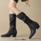 Pointed Toe Knee Highs Buckle Straps Western Cowboy Style Chunky Heels Pull On Boots - Black Flock