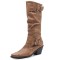 Pointed Toe Knee Highs Buckle Straps Western Cowboy Style Chunky Heels Pull On Boots - Brown Flock