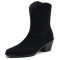 Pointed Toe Ankle Highs Classical Western Cowboy Style Chunky Heels Pull On Boots - Black Flock