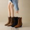 Pointed Toe Ankle Highs Classical Western Cowboy Style Chunky Heels Pull On Boots - Brown Flock