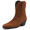 Pointed Toe Ankle Highs Classical Western Cowboy Style Chunky Heels Pull On Boots - Brown Flock