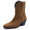Pointed Toe Ankle Highs Classical Western Cowboy Style Chunky Heels Pull On Boots - Khaki Flock