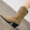 Pointed Toe Ankle Highs Classical Western Cowboy Style Chunky Heels Pull On Boots - Apricot Flock