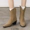 Pointed Toe Ankle Highs Classical Western Cowboy Style Chunky Heels Pull On Boots - Apricot Flock
