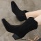 Pointed Toe Ankle Highs Classical Western Cowboy Style Chunky Heels Pull On Boots - Black Flock