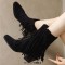 Pointed Toe Tassels Ankle Highs Western Cowboy Style Chunky Boots Booties - Black Flock