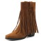 Pointed Toe Tassels Ankle Highs Western Cowboy Style Chunky Boots Booties - Brown Flock