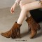 Pointed Toe Tassels Ankle Highs Western Cowboy Style Chunky Boots Booties - Brown Flock
