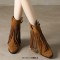 Pointed Toe Tassels Ankle Highs Western Cowboy Style Chunky Boots Booties - Brown Flock