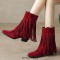 Pointed Toe Tassels Ankle Highs Western Cowboy Style Chunky Boots Booties - Red Flock