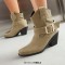 Pointed Toe Buckle Straps Ankle Highs Western Cowboy Style Chunky Boots - Beige Flock