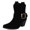 Pointed Toe Buckle Straps Ankle Highs Western Cowboy Style Chunky Boots - Black Flock