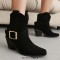 Pointed Toe Buckle Straps Ankle Highs Western Cowboy Style Chunky Boots - Black Flock