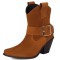Pointed Toe Buckle Straps Ankle Highs Western Cowboy Style Chunky Boots - Brown Flock