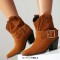Pointed Toe Buckle Straps Ankle Highs Western Cowboy Style Chunky Boots - Brown Flock