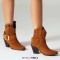 Pointed Toe Buckle Straps Ankle Highs Western Cowboy Style Chunky Boots - Brown Flock
