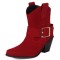 Pointed Toe Buckle Straps Ankle Highs Western Cowboy Style Chunky Boots - Red Flock